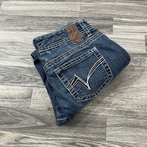 Vanity Bootcut Jeans Womens 28 Dark Blue Low Rise Stretch Distressed Embellished